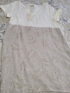 Lina Tomei Off White & Taupe Italian Linen Shift Dress Size Medium NWT
